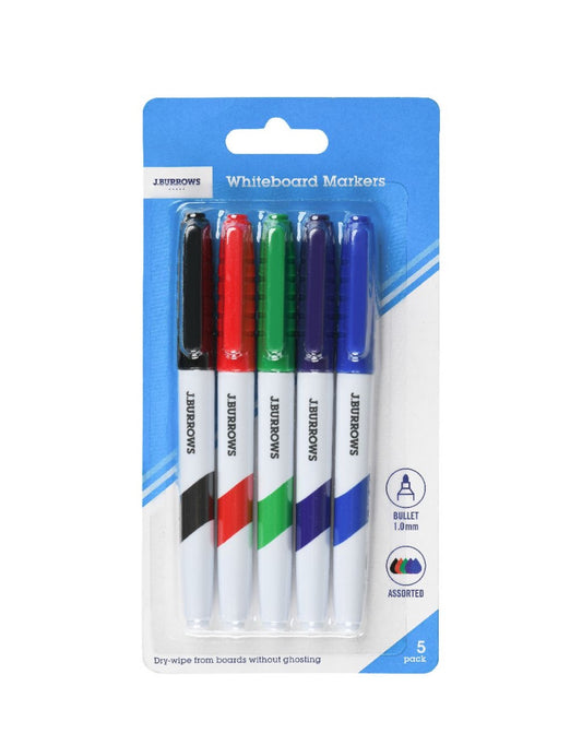 J. Burrows Fine Whiteboard Markers Bullet Assorted, 5 pack 1.0mm